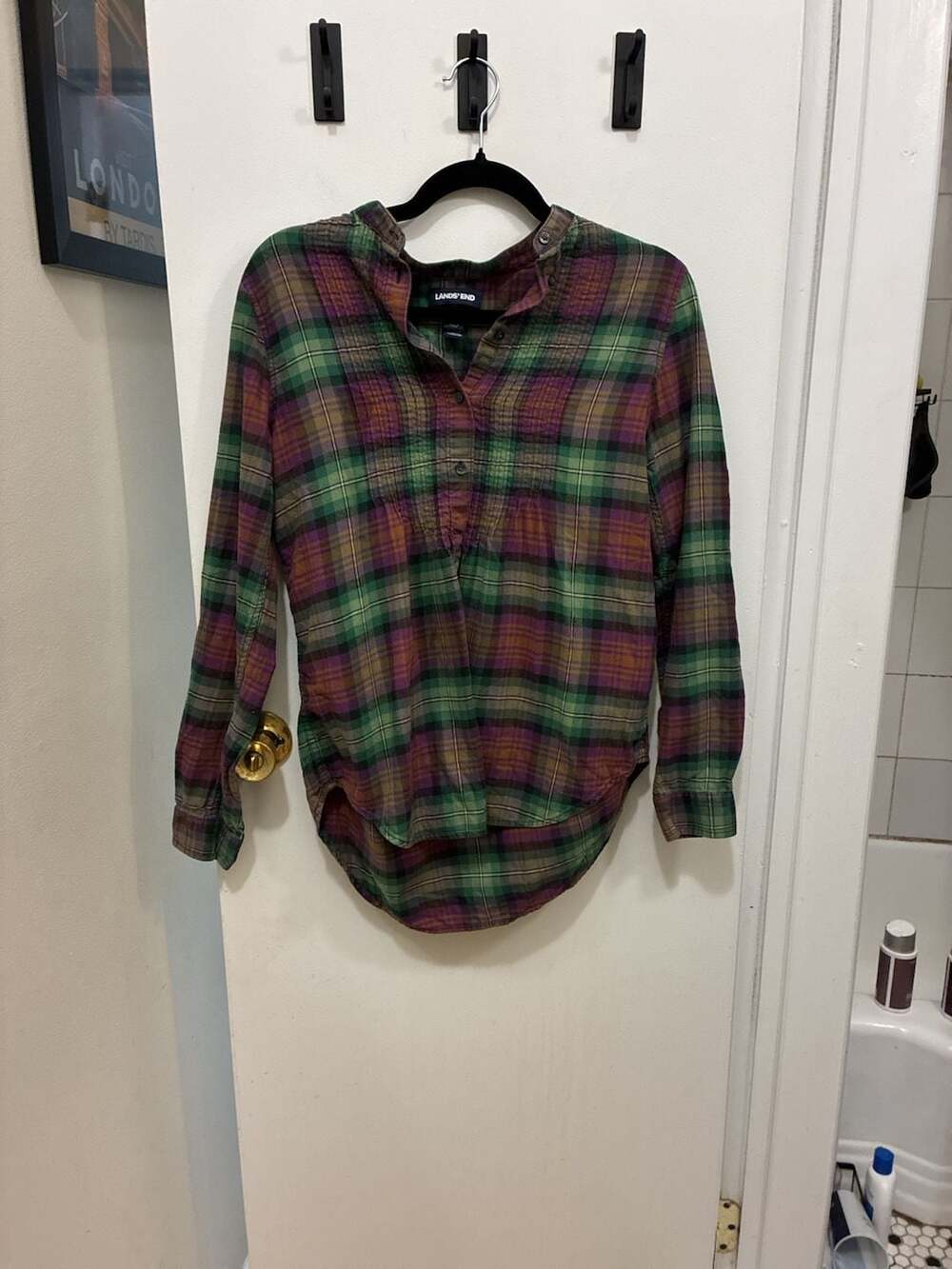 Lands' End Plaid Flannel Shirt Size 6 Green Purple Long Sleeve